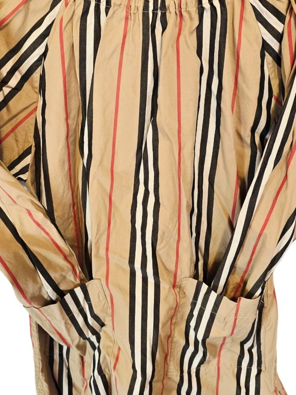Burberry Beige Striped Button-Front Kids Dress with Black and Red Stripes